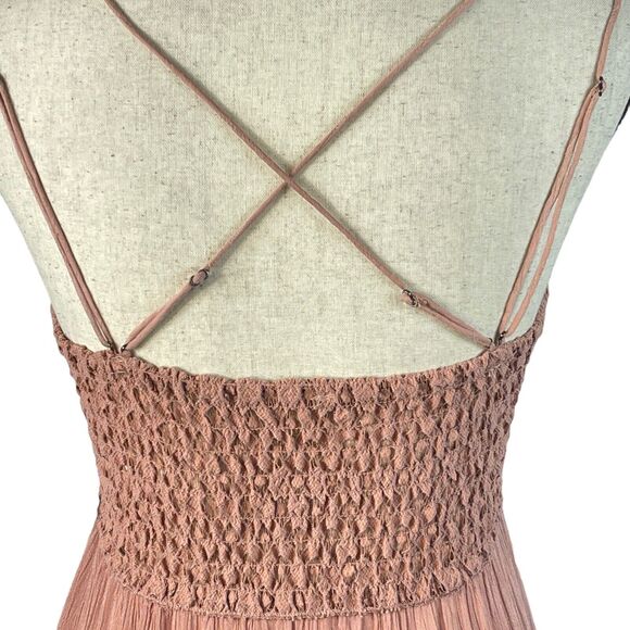 Free People One X-Small Adella Slip Mini Dress Rose Crochet Lace Flowy Smocked - Picture 7 of 12